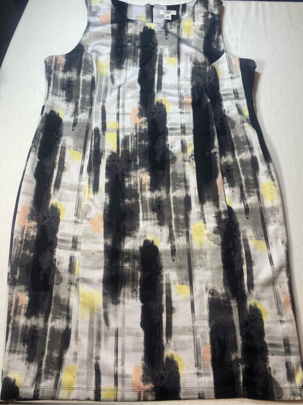 Cato Abstract Brushstroke Sheath Dress in Black, White, Yellow. See description.